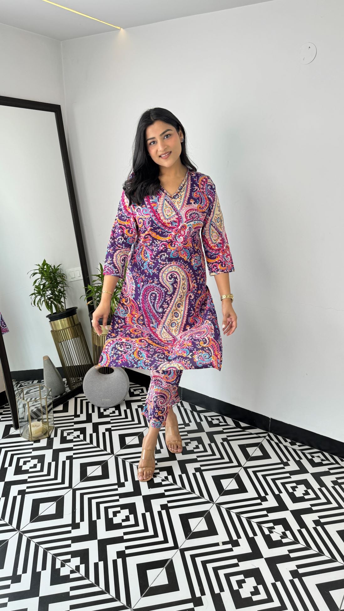 Turkish Violet V-Neck Kurta Set