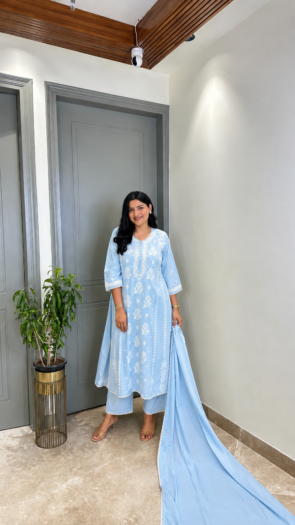 Powder Blue Lucknavi Anarkali Suit Set shrisa.in