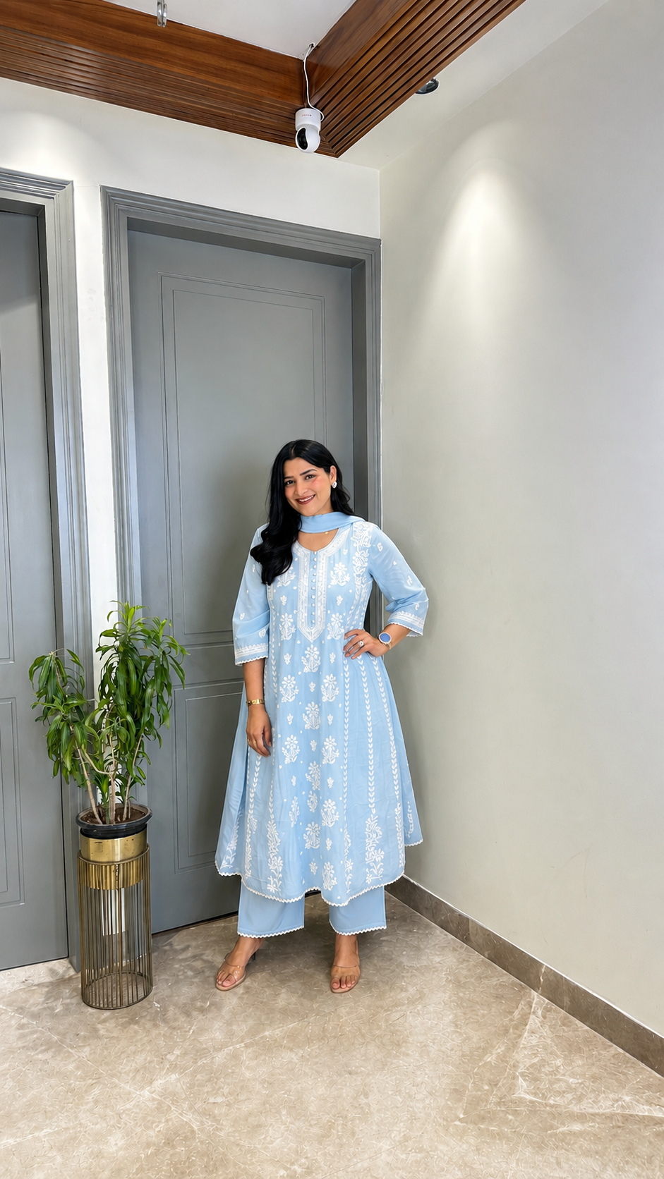 Powder Blue Lucknavi Anarkali Suit Set shrisa.in