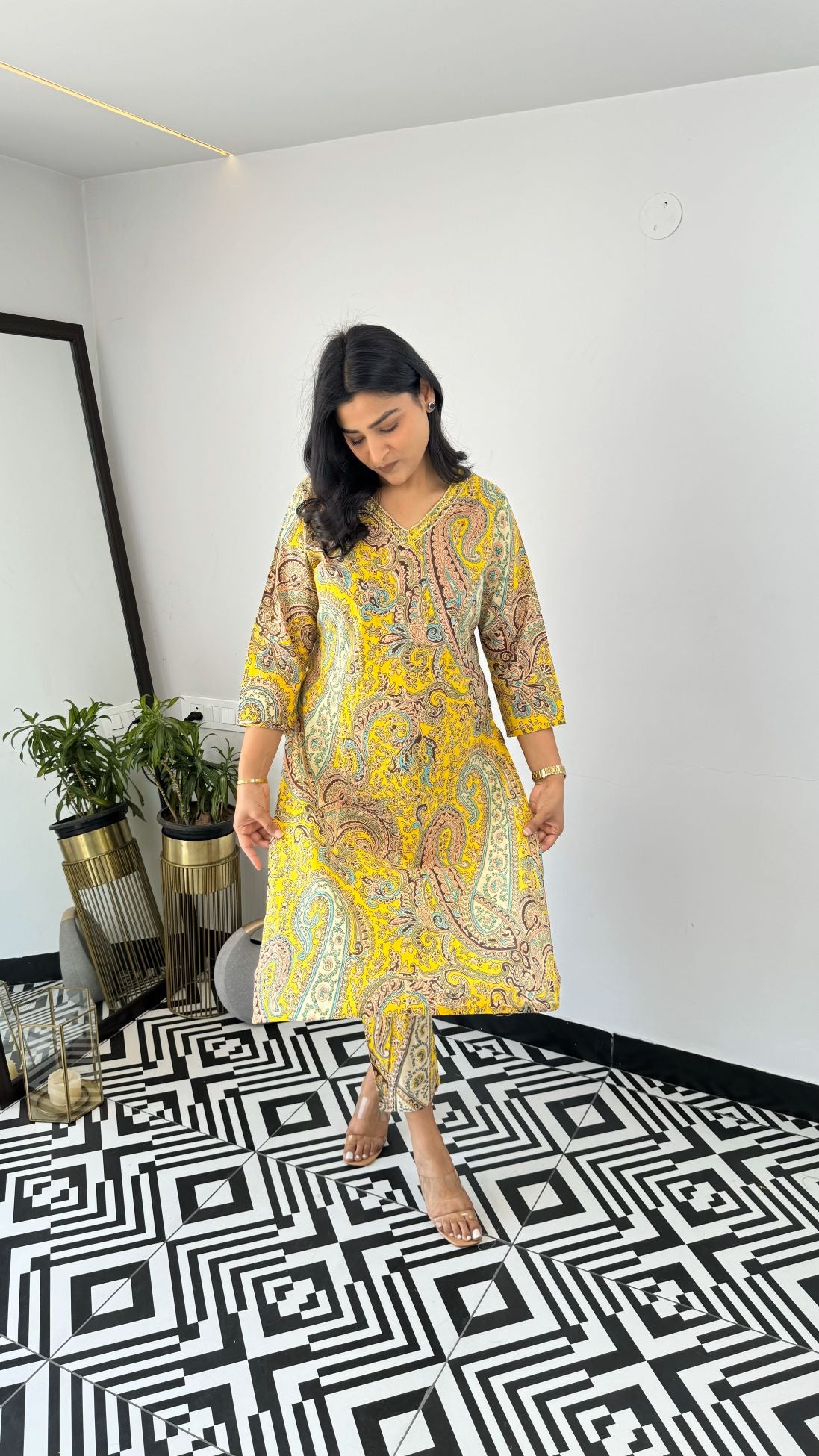 Turkish Yellow V-Neck Kurta Set