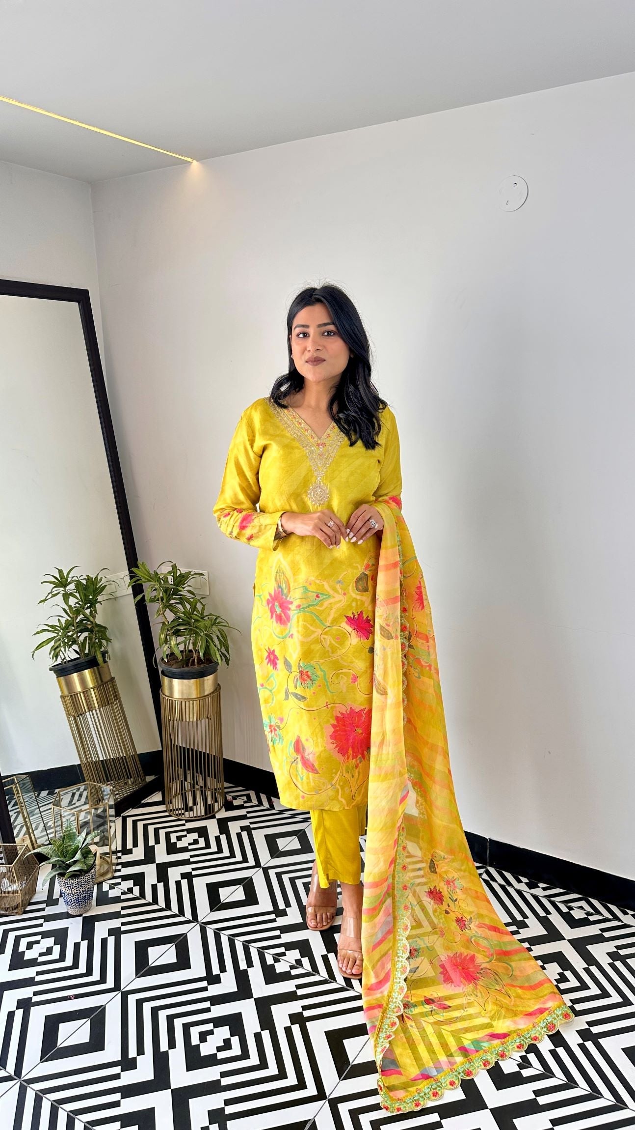 Yellow V-Neck Floral Suit Set shrisa.in