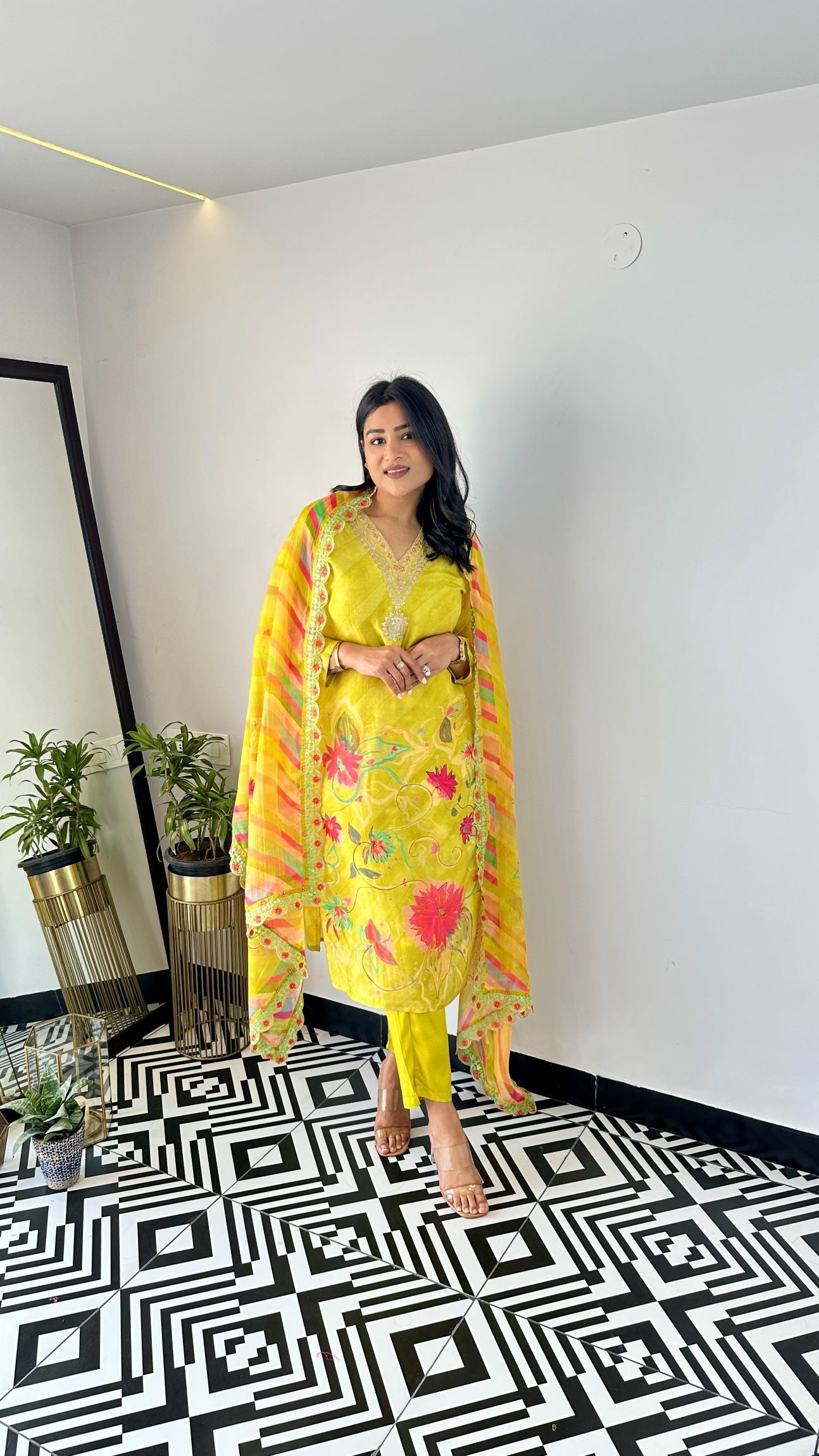 Yellow V-Neck Floral Suit Set shrisa.in