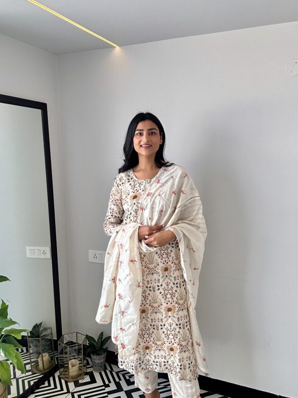 Off White Pure Muslin Floral Suit Set