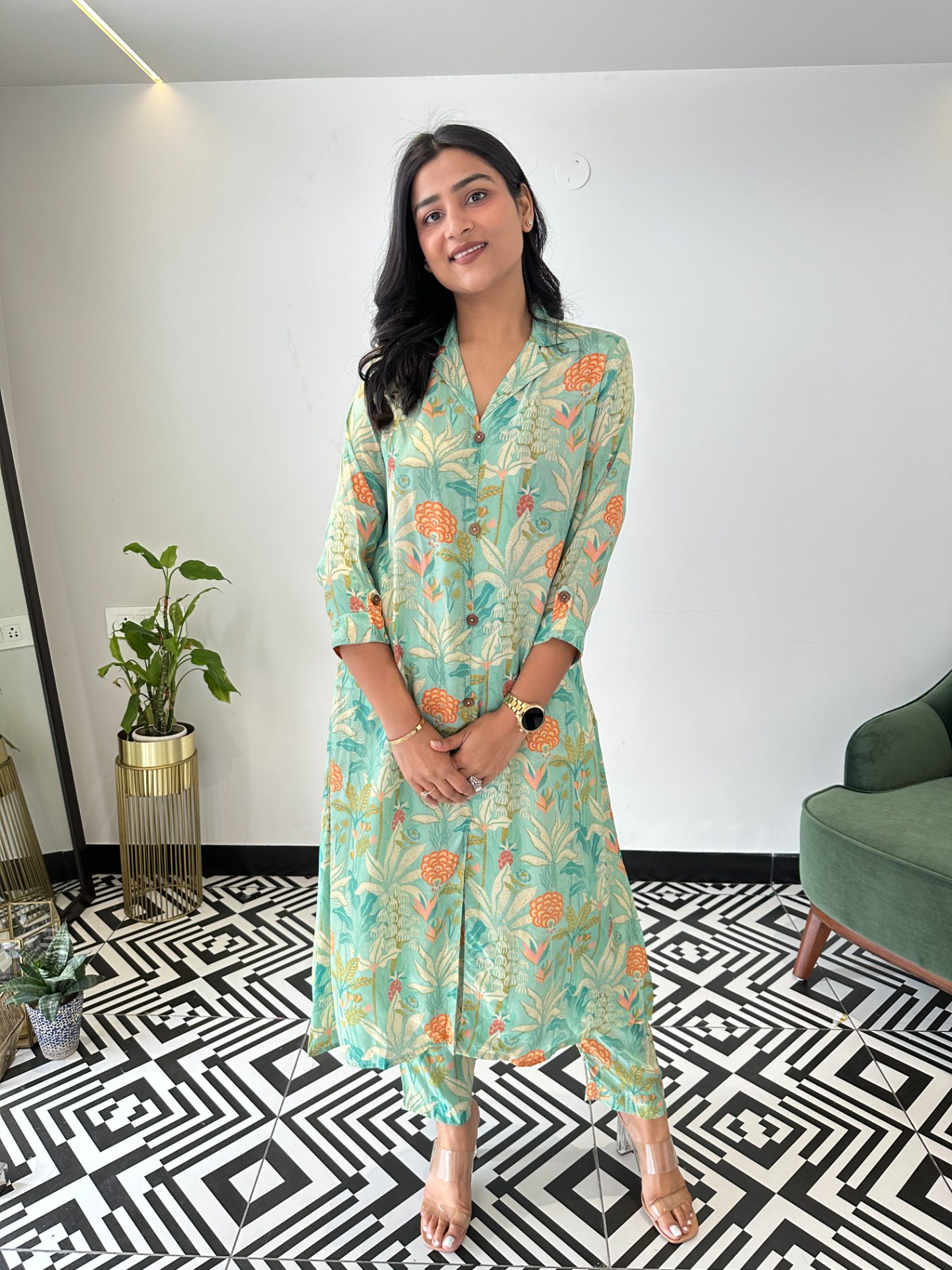 A Line Green Crepe Cord Set – Shrisa