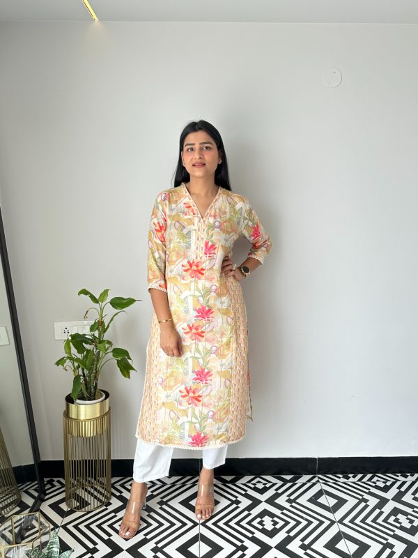 Beige Floral Muslin Kurta