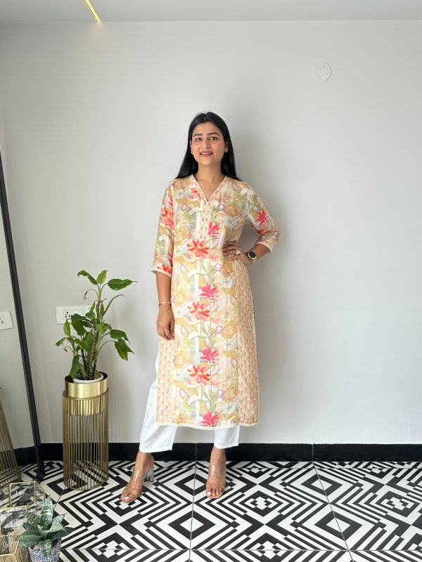 Beige Floral Muslin Kurta - Image 2