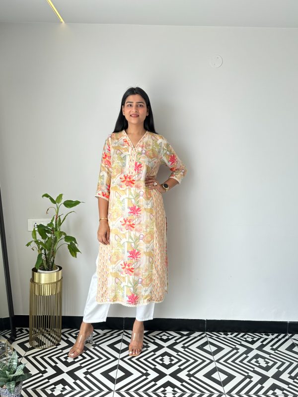 Beige Floral Muslin Kurta - Image 3