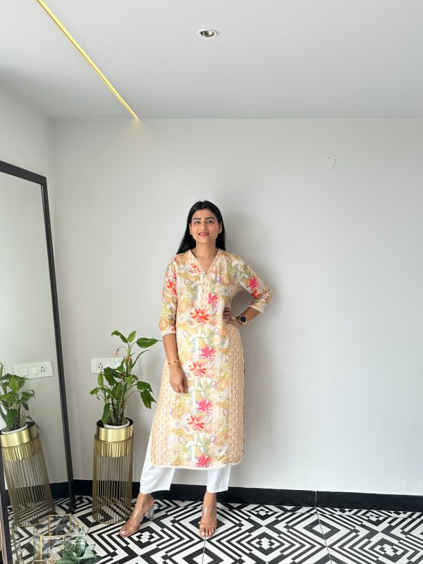 Beige Floral Muslin Kurta - Image 4