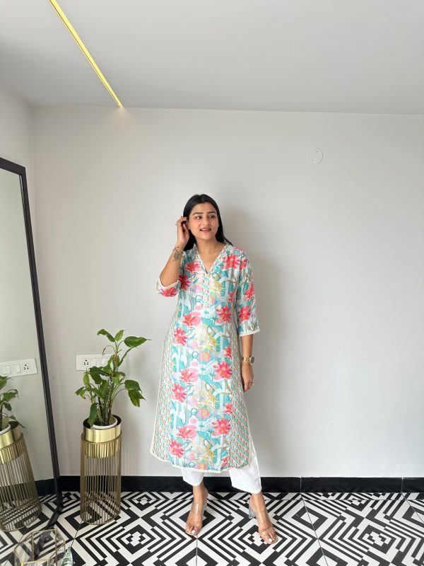 Powder Blue Floral Muslin Kurta - Image 2