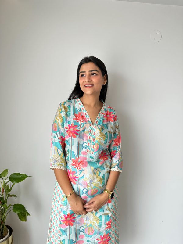 Powder Blue Floral Muslin Kurta - Image 4