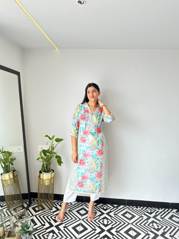 Powder Blue Floral Muslin Kurta - Image 3