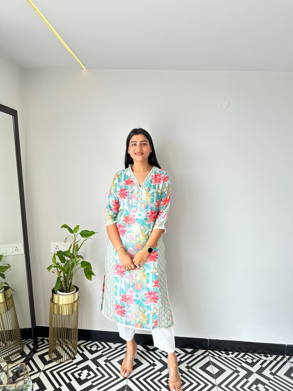 Powder Blue Floral Muslin Kurta - Image 5