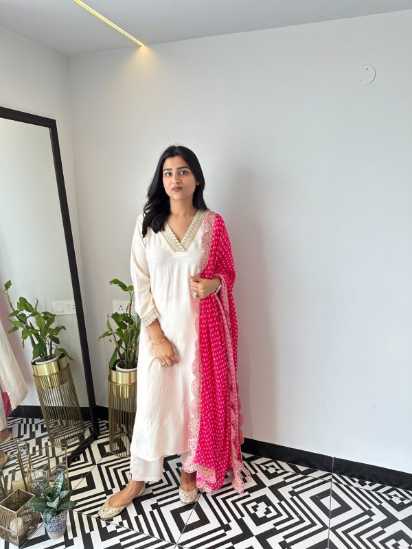 White Muslin With Hot Pink Dupatta