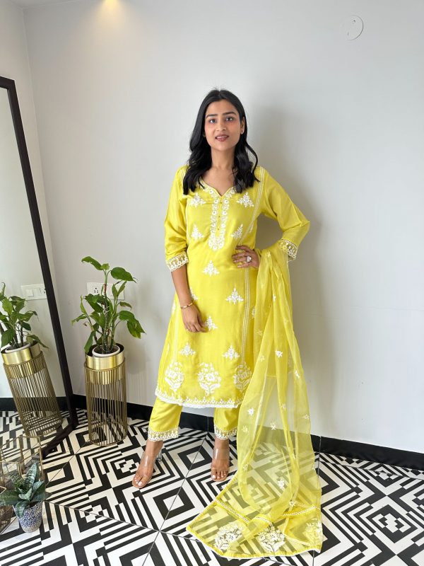 Yellow Thread Work Suit Set With Dupatta