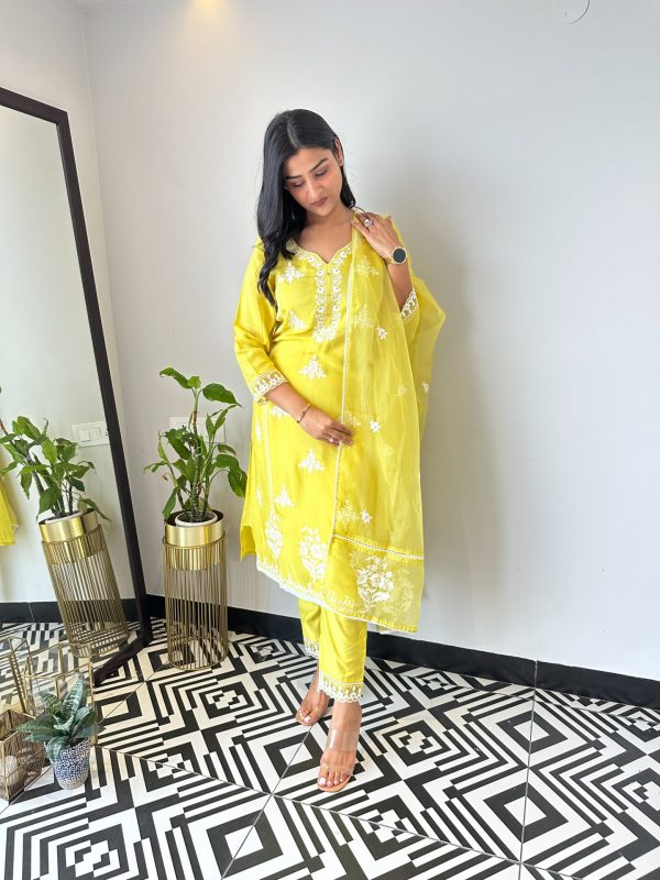 Yellow Thread Work Suit Set With Dupatta - Image 3