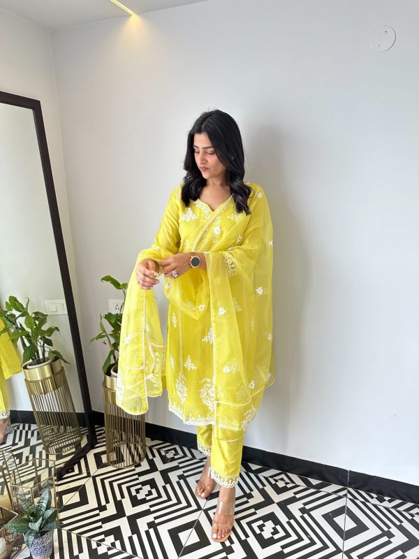 Yellow Thread Work Suit Set With Dupatta - Image 5