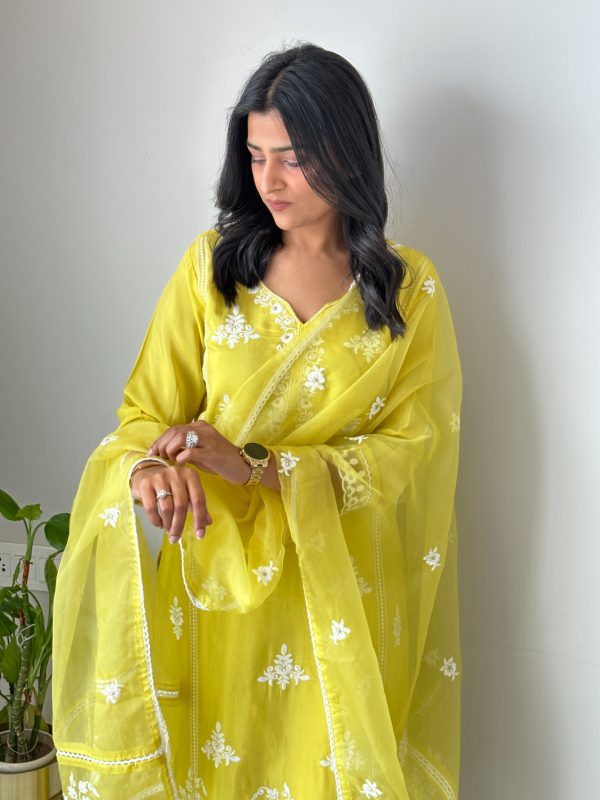 Yellow Thread Work Suit Set With Dupatta - Image 6