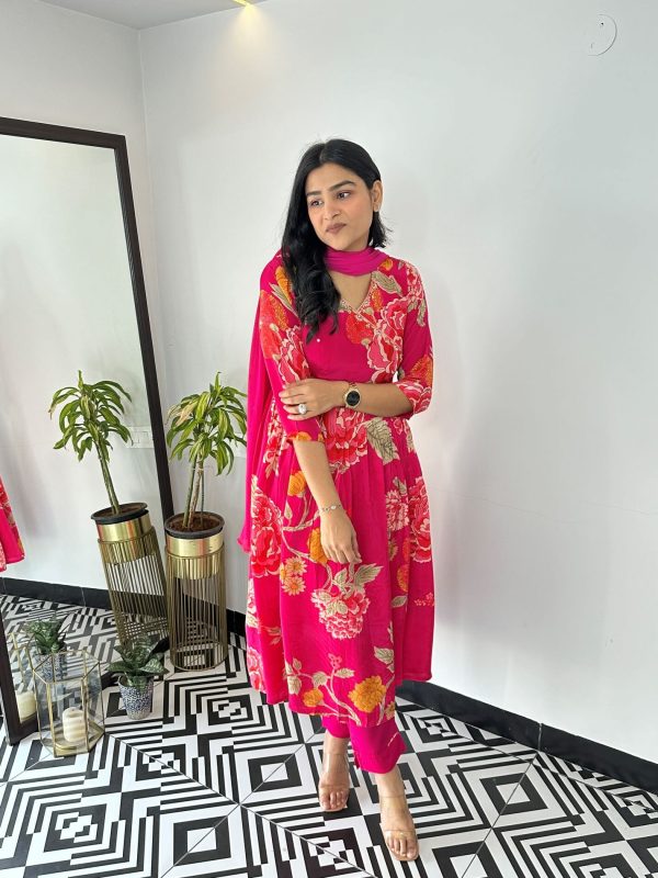 Hot Pink Crepe Floral Suit Set - Image 2