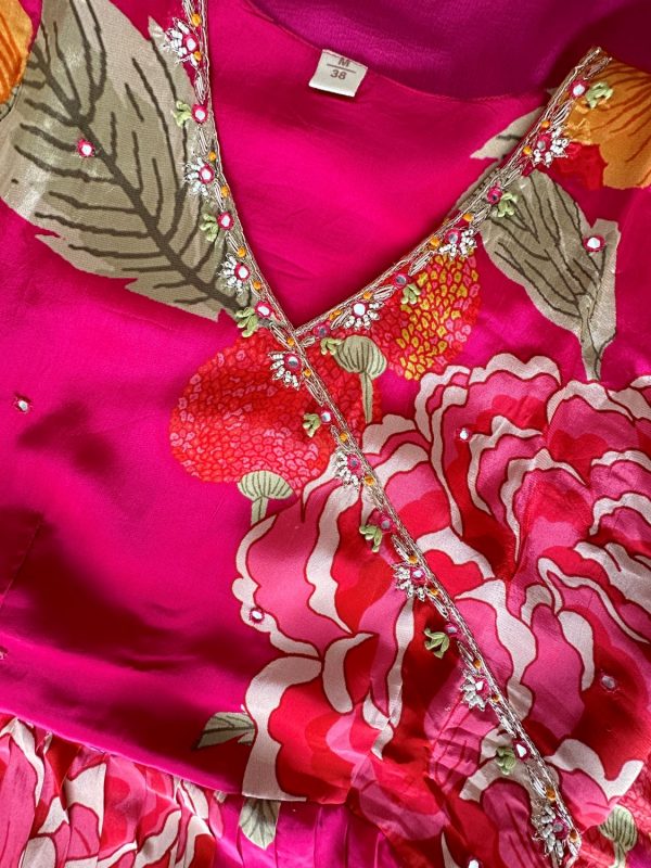 Hot Pink Crepe Floral Suit Set - Image 3