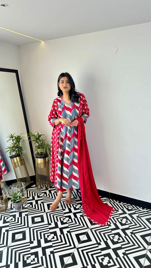 Red Multiprint Muslin Anarkali - Image 8